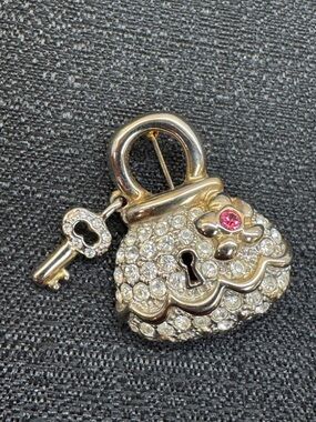 Rhinestone Padlock & Key Brooch - Silver with Pink Accent